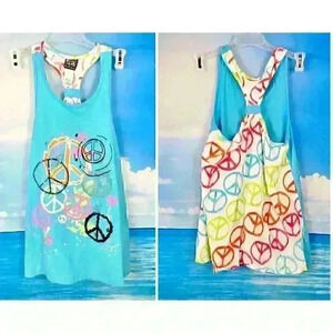 POGO CLUB Beach Cover HIPPIE BOHO Tank Top Racerback TEAL Peace Signs Lg 14/16